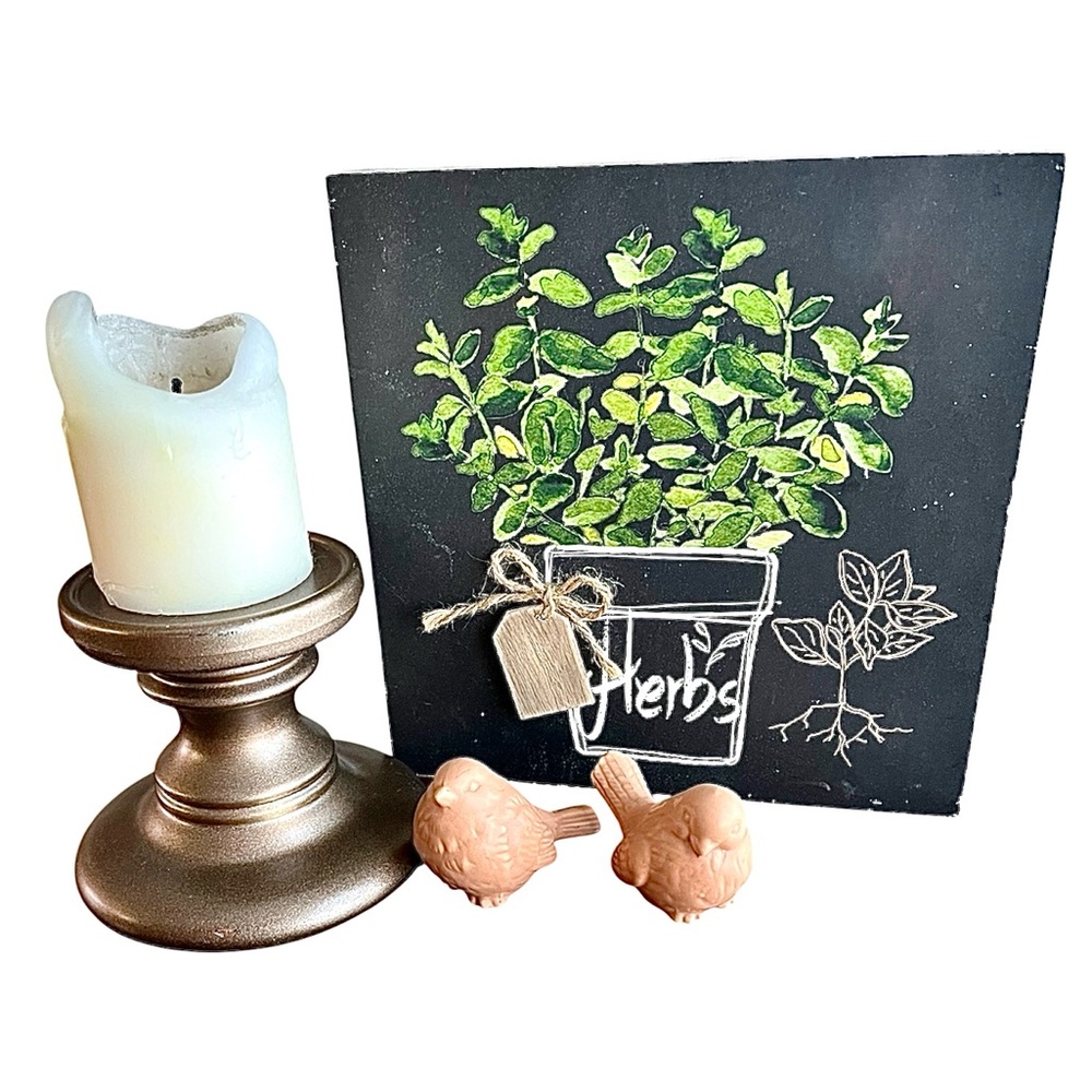 Cottagecore Decor, Wooden Herbs Sign, Ceramic Birds, Bronze Candle Holder